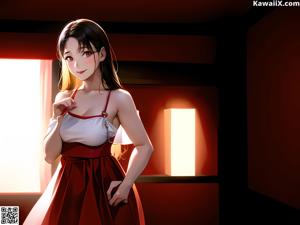 A woman in a red dress standing in front of a window.