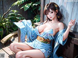 A woman in a blue kimono sitting on a wooden bench.