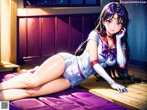 A woman laying on top of a bed in a room.